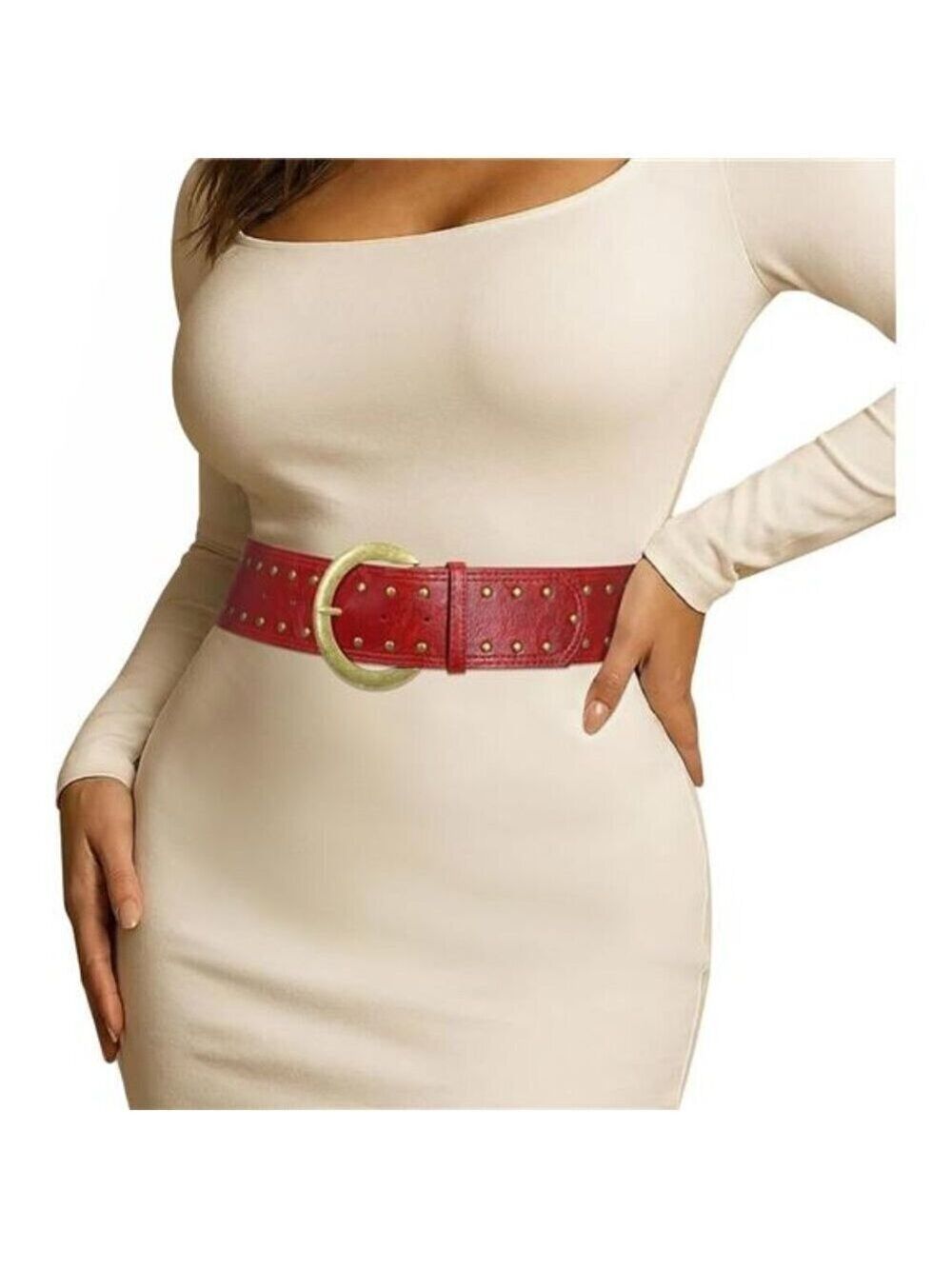 Wide Chunky Red Leather Belts for Women 2.3" Western Vintage Studded Thick Waist